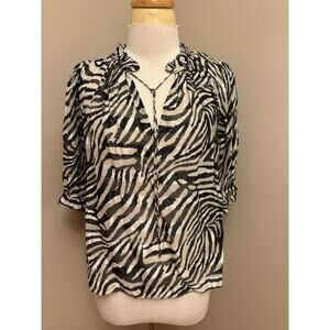 MARIE OLIVER Billie Blouse Zebra Black/White/Gold Silk Ruffled Collar Sz XS
